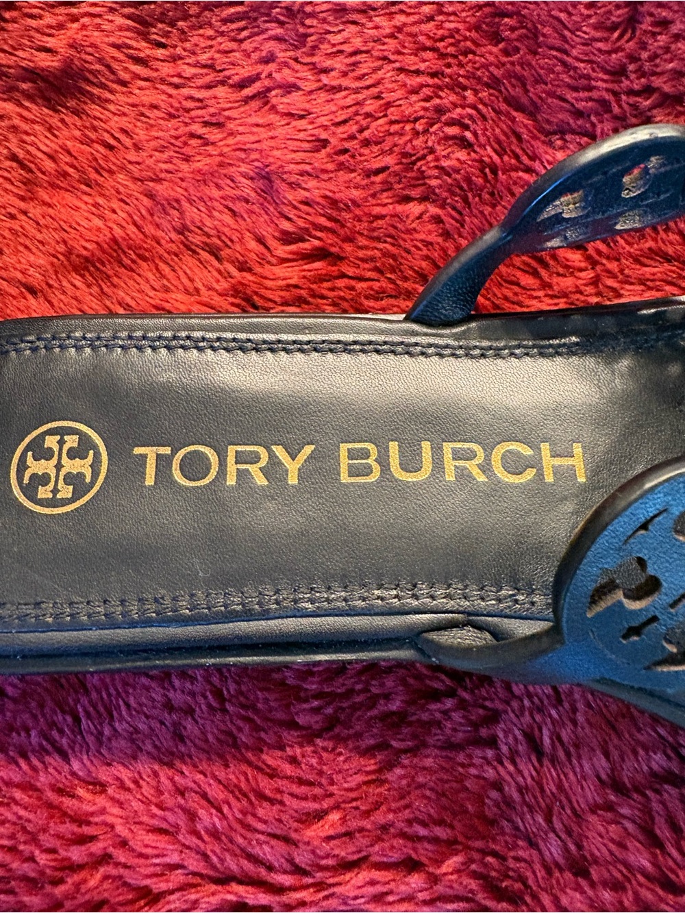 Tory Burch Navy Leather Logo Slide Sandal with Gold Logo